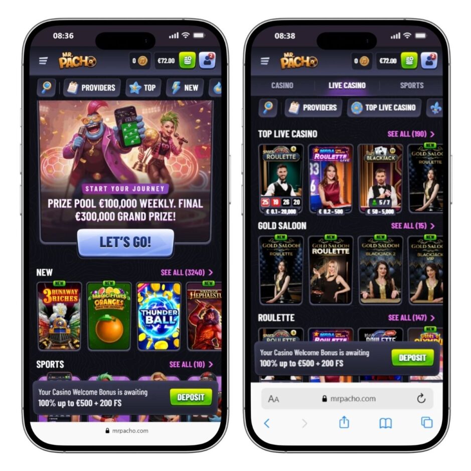 screenshot of Mr. Pacho casino mobile view displaying a tournament and live casino section