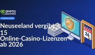 Computerbildschirm mit Lizenzabzeichen, Stapel nummerierter Zertifikate, Ausgangstür mit Kalender an der Wand