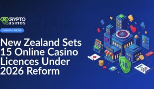 Map of New Zealand overlaid with digital casino icons and a 2026 calendar in the background