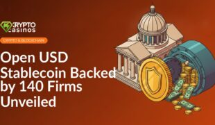 Shield-emblem coin in front of a classical columned government building and an open vault filled with stacked coins.