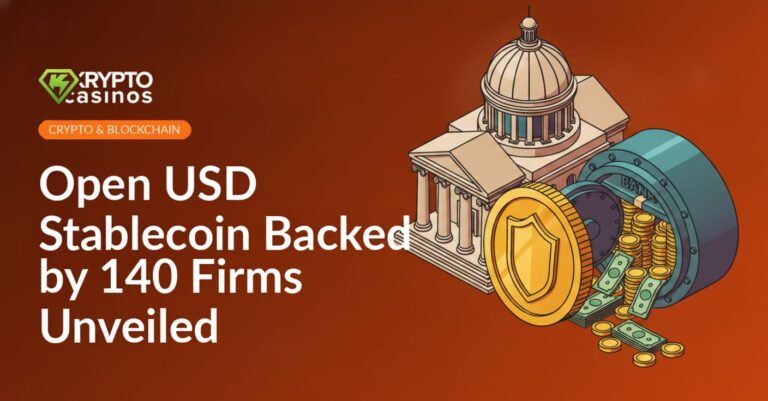 Shield-emblem coin in front of a classical columned government building and an open vault filled with stacked coins.