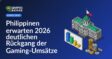 Regierungsgebäude mit philippinischer Flagge, fallendes Balkendiagramm und schrumpfender Münzstapel vor weißem Hintergrund