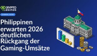 Regierungsgebäude mit philippinischer Flagge, fallendes Balkendiagramm und schrumpfender Münzstapel vor weißem Hintergrund