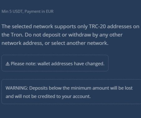 latin Casino deposit instructions showing a 5 USDT minimum, TRC20 network warning, and notice about deposits below the minimum being lost