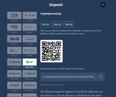 Platin Casino deposit window listing payment methods including USDT, Bitcoin, Ethereum, and a QR code for crypto deposits