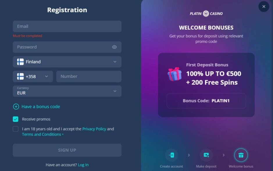 registration window at Platin casino