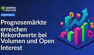 Mehrere bunte Balkendiagramme und Zahlen auf dunklem Hintergrund, die einen Anstieg von Volumen und Open Interest darstellen