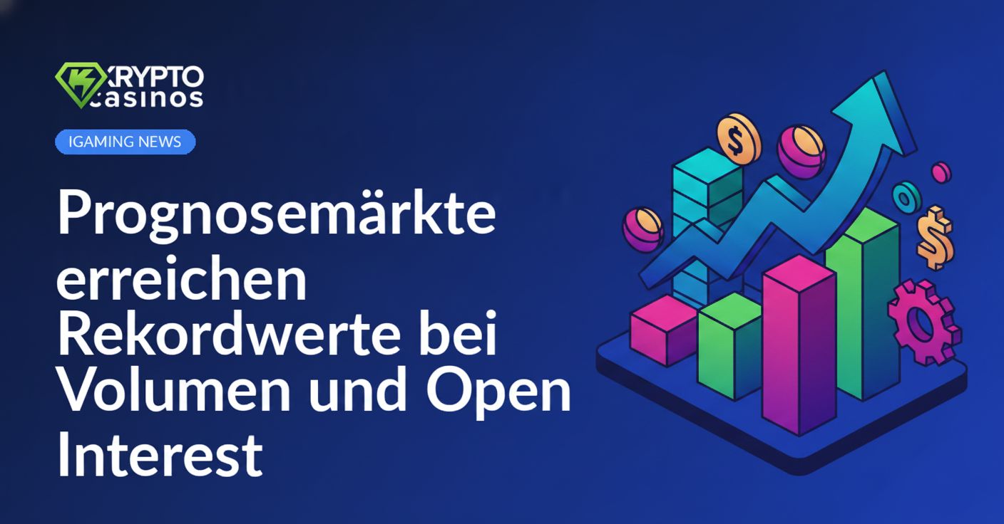 Mehrere bunte Balkendiagramme und Zahlen auf dunklem Hintergrund, die einen Anstieg von Volumen und Open Interest darstellen