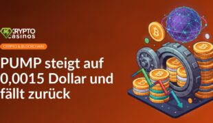 Stapel digitaler Münzen mit Auf- und Abwärts-Pfeil, großer Münzvault und leuchtender Netzwerk-Globus im Hintergrund