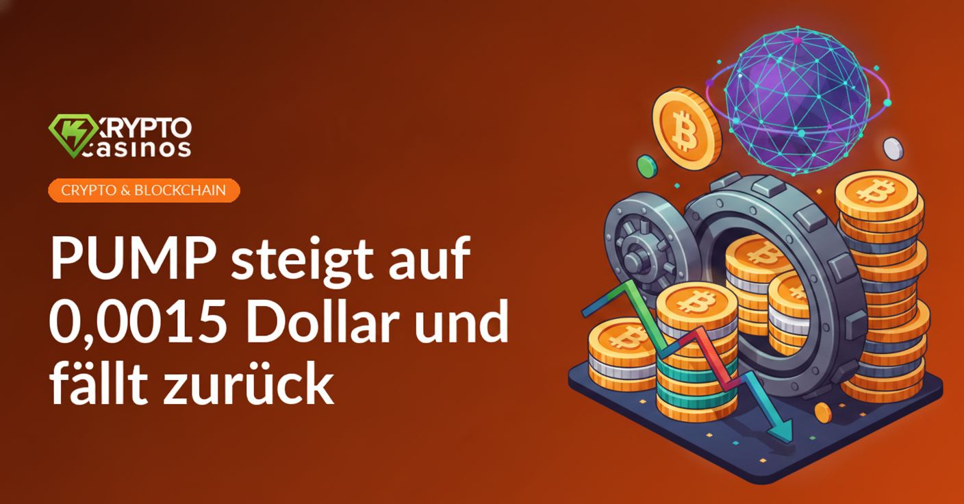 Stapel digitaler Münzen mit Auf- und Abwärts-Pfeil, großer Münzvault und leuchtender Netzwerk-Globus im Hintergrund