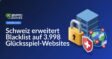Server-Rack mit großem Vorhängeschloss, Schild mit Schweizer Kreuz, Globus mit Symbolen für gesperrte Webseiten.