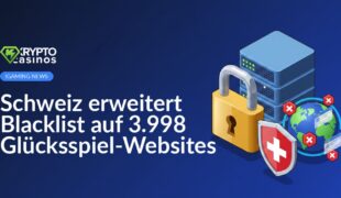 Server-Rack mit großem Vorhängeschloss, Schild mit Schweizer Kreuz, Globus mit Symbolen für gesperrte Webseiten.