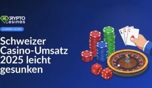 Spielautomat mit rot leuchtenden Knöpfen und fallenden Münzen vor verschwommenem Casino-Hintergrund