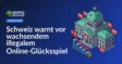 Schweizer Regierungsgebäude mit Schutzschild, roten Warnmonitoren und fallendem Balkendiagramm mit goldenen Münzen.