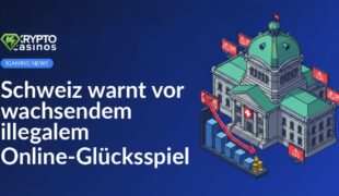 Schweizer Regierungsgebäude mit Schutzschild, roten Warnmonitoren und fallendem Balkendiagramm mit goldenen Münzen.