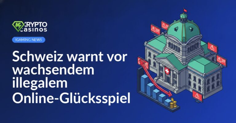 Schweizer Regierungsgebäude mit Schutzschild, roten Warnmonitoren und fallendem Balkendiagramm mit goldenen Münzen.