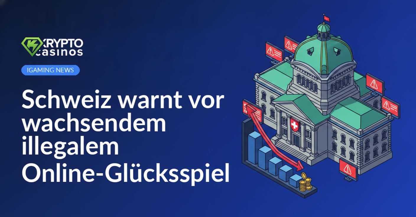 Schweizer Regierungsgebäude mit Schutzschild, roten Warnmonitoren und fallendem Balkendiagramm mit goldenen Münzen.