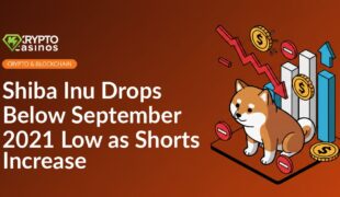 Shiba Inu coin logo in front of a downward red arrow with a chart showing declining cryptocurrency prices.