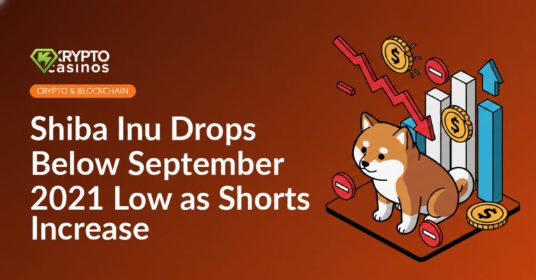 Shiba Inu coin logo in front of a downward red arrow with a chart showing declining cryptocurrency prices.
