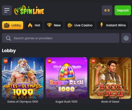 How-to screenshot showing the Deposit button in the top-right corner of the Spinline homepage