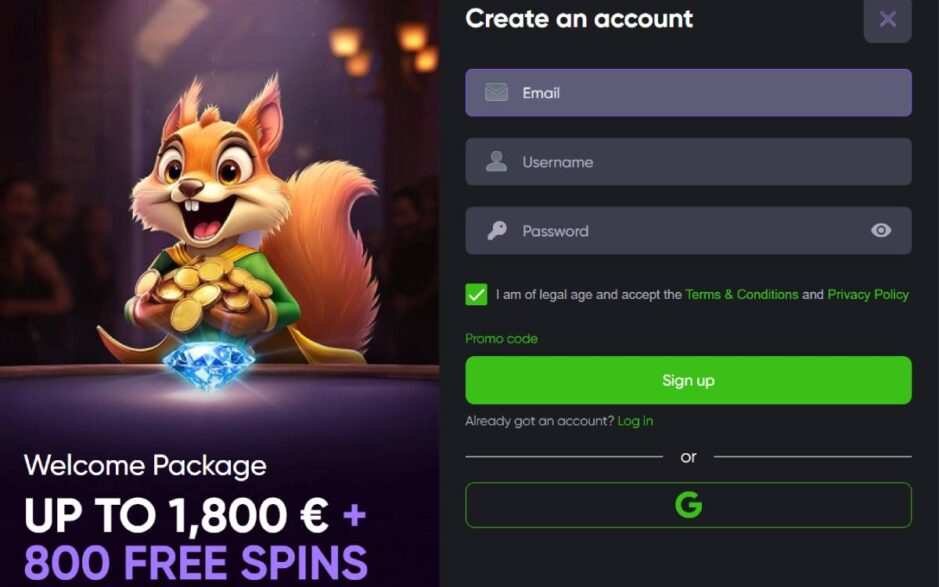 screenshot showing the registration window at Spinline casino