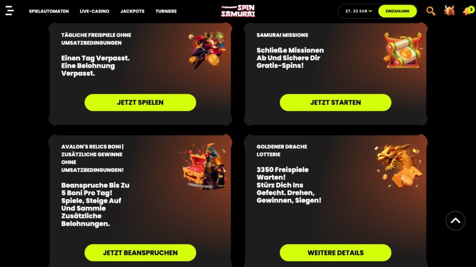 spinsamurai casino aktionsseite mit freispielen, samurai-missionen, täglichen bonusbelohnungen und goldener drachen-lotterie