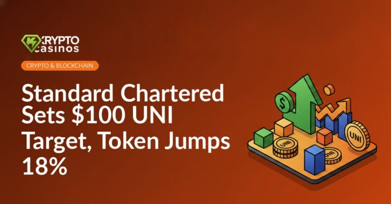 Standard Chartered logo beside a rising line graph with a large "$100" and UNI cryptocurrency symbols on a blue background.