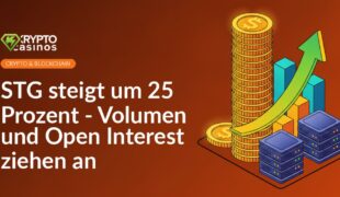 Gestapelte Goldmünzen mit aufwärts zeigendem Pfeil, steigendes Balkendiagramm und beleuchtete Serverracks.