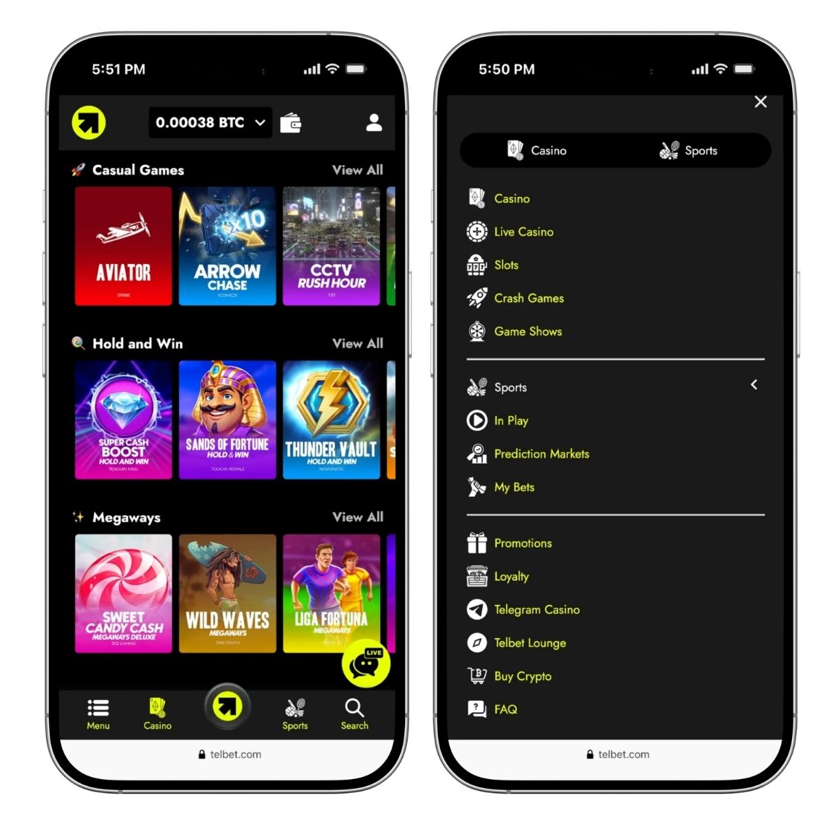 telbet mobile casino lobby and menu shown on iphone screens