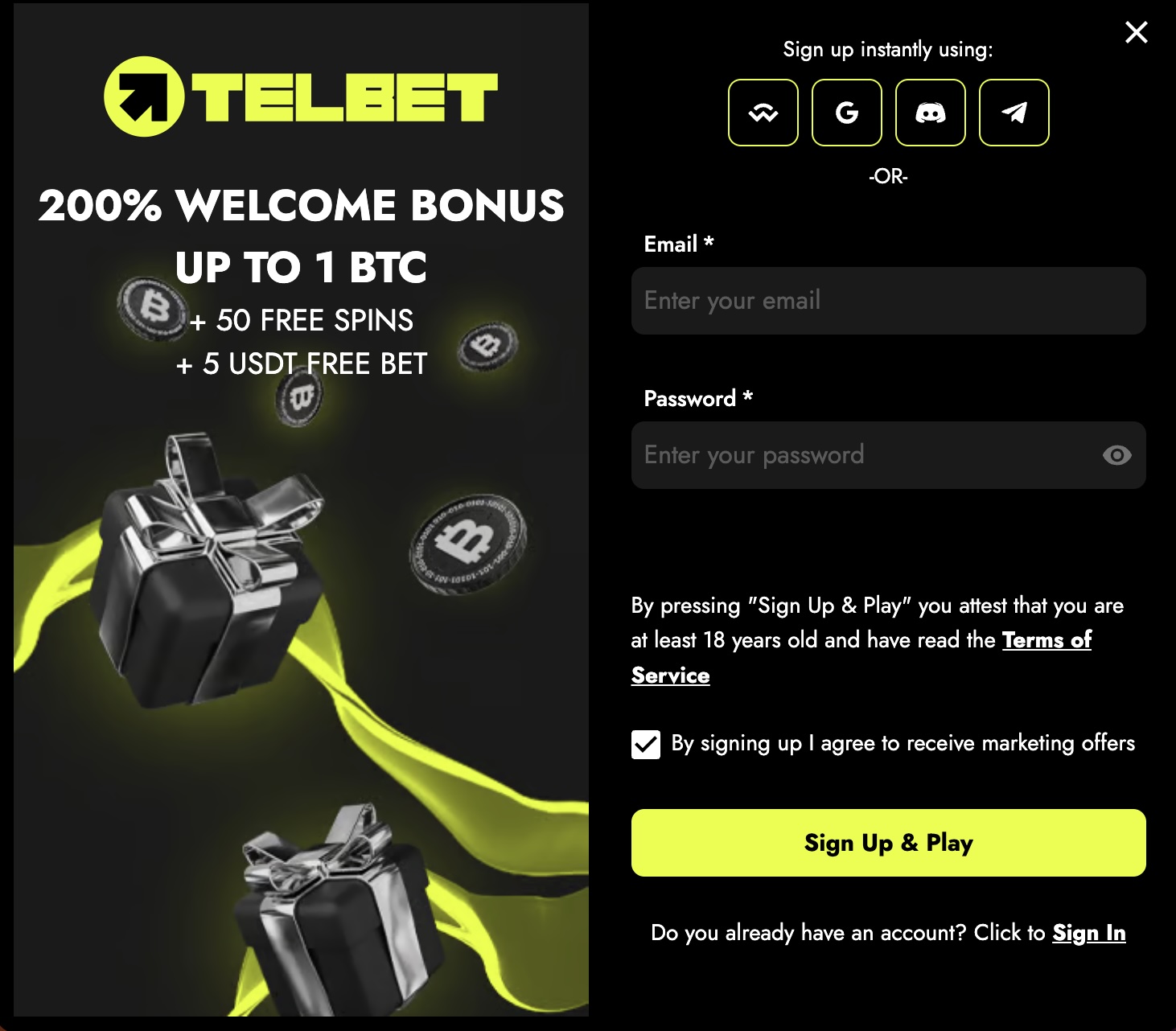telbet registration window with welcome bonus and sign up form
