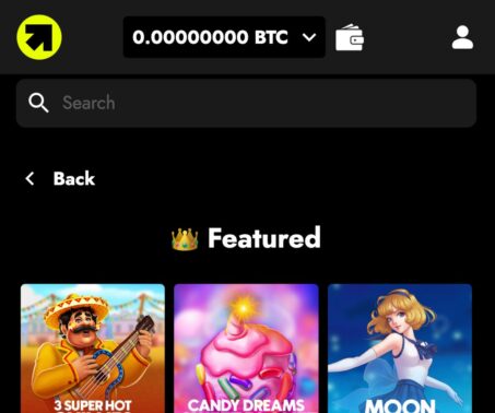 telbet casino homepage showing search bar, wallet balance, and featured games