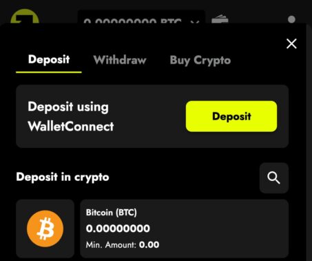 telbet cashier window showing walletconnect deposit option and bitcoin deposit method