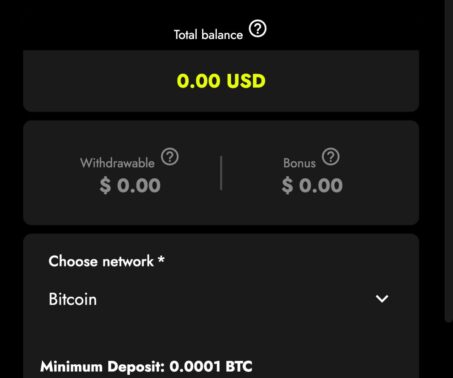 telbet deposit screen showing total balance, bitcoin network, and minimum deposit amount