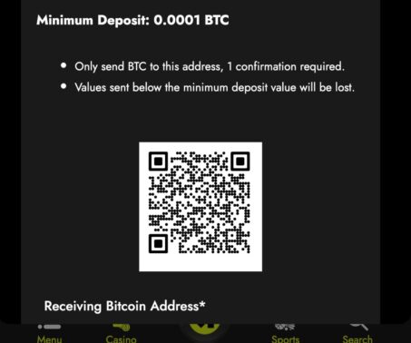 telbet bitcoin deposit screen showing minimum deposit, qr code, and receiving bitcoin address