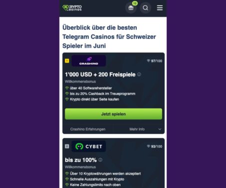 Das Bild zeigt die aktuelle Topliste von kryptocasinos.com für Telegram Casinos in der Schweiz