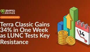 Rising bar chart with bold upward arrow, stack of gold coins, and calendar page marking a low dip in price.