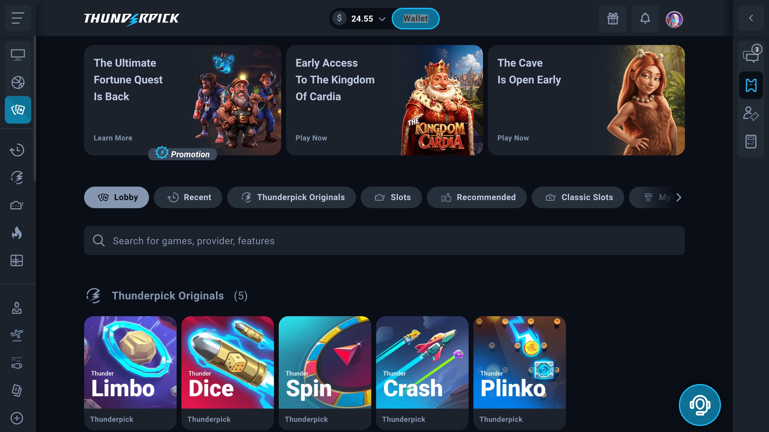 screenshot of thunderpick casino showing the bonus banner and game lobby