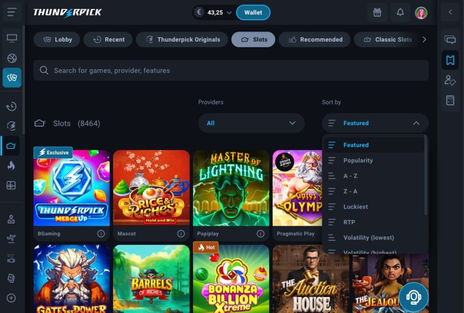 Screenshot der Slotauswahl im Thunderpick Casino