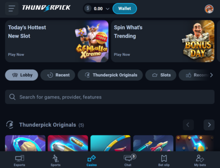 how-to screenshot showing the Thunderpick casino lobby with the wallet button and balance display in the top