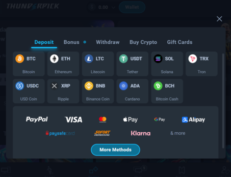 how-to screenshot showing the Thunderpick deposit page with 11 supported cryptocurrencies including Bitcoin, Ethereum, Litecoin, Tether, Solana, Tron, USD Coin, Ripple, Binance Coin, Cardano and Bitcoin Cash