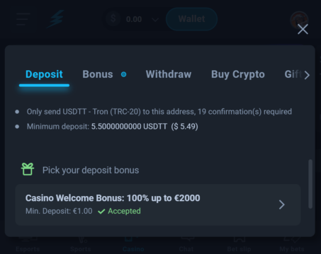 how-to screenshot showing the Thunderpick deposit confirmation screen with 19 confirmations required for USDT via TRC-20, minimum deposit of 5.50 USDT and casino welcome bonus of 100% up to €2,000