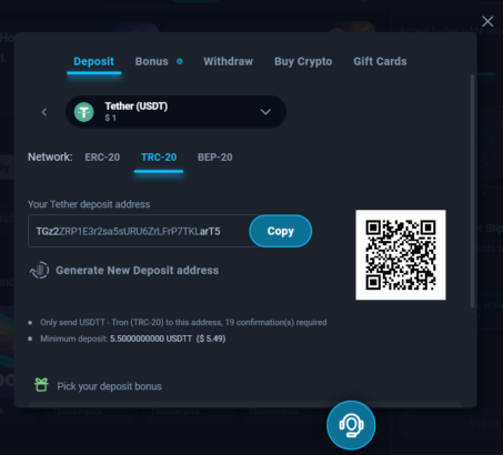 how-to screenshot showing the Thunderpick deposit page with Tether selected on TRC-20 network, displaying the deposit address and QR code