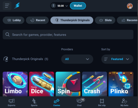 Alt text: how-to screenshot showing the Thunderpick casino lobby after a successful deposit with a balance of $50.00