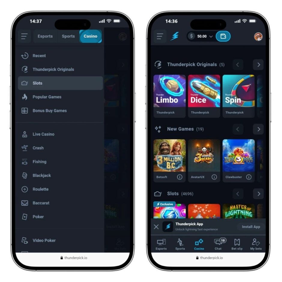 mobile screenshot showing Thunderpick Originals and game categories