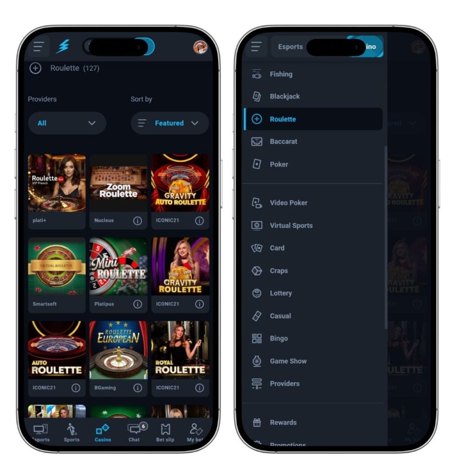 mobile screenshot showing roulette versions at Thunderpick and game categories