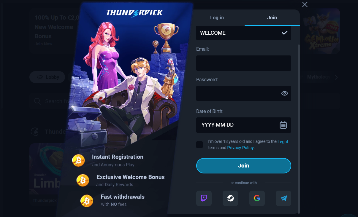 screenshot showing the registration window at Thunderpick