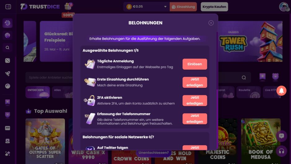 Trust Dice Casinoseite mit Belohnungen
