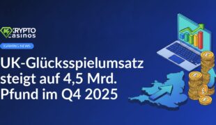 Isometrischer Laptop mit steigendem Balkendiagramm, Stapel Pfundmünzen und UK-Karte auf Plattform mit Aufwärtspfeil