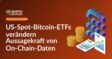 Gestapeltes Goldmünzen, Finanzdokument mit Kurvendiagramm und schwebendes Blockchain-Würfelgitter mit Brücke.