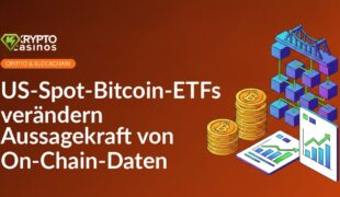 Gestapeltes Goldmünzen, Finanzdokument mit Kurvendiagramm und schwebendes Blockchain-Würfelgitter mit Brücke.